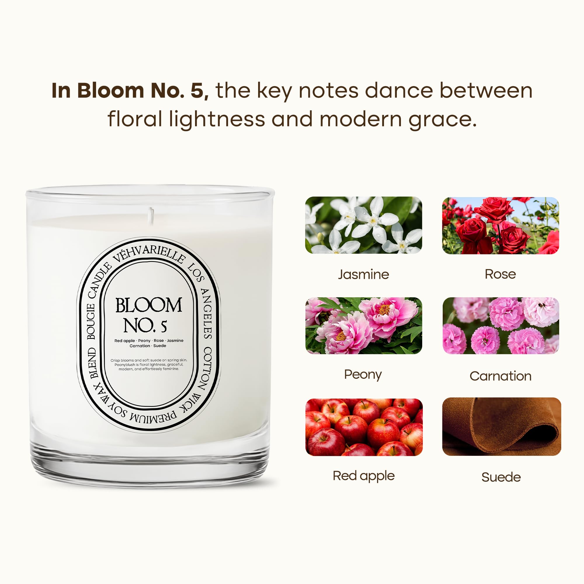 Véhvarielle Bloom No. 5 candle label closeup with elegant branding and quality craft.