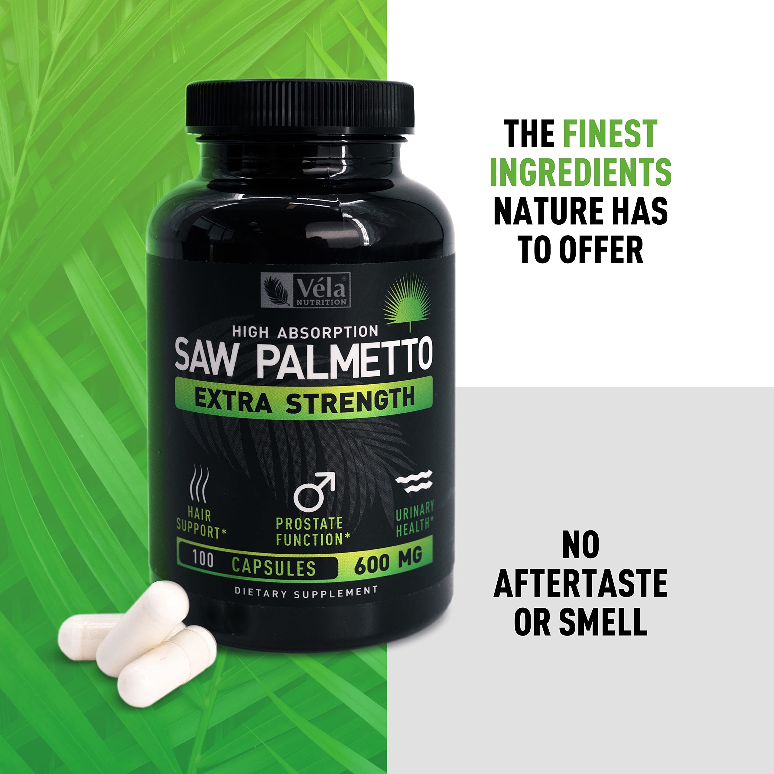 Véla Saw Palmetto bottle and pills showing convenient daily dose