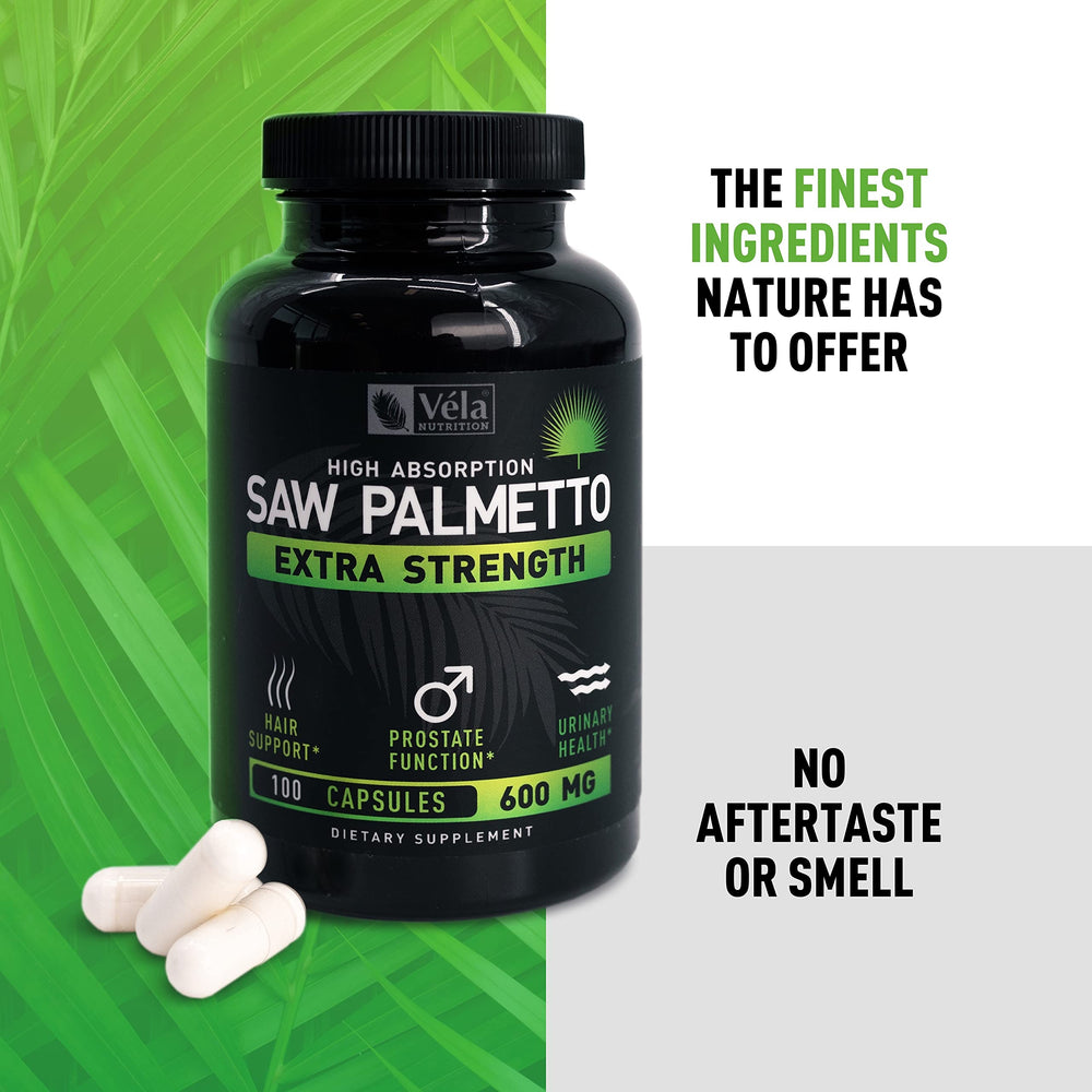 Véla Saw Palmetto bottle and pills showing convenient daily dose