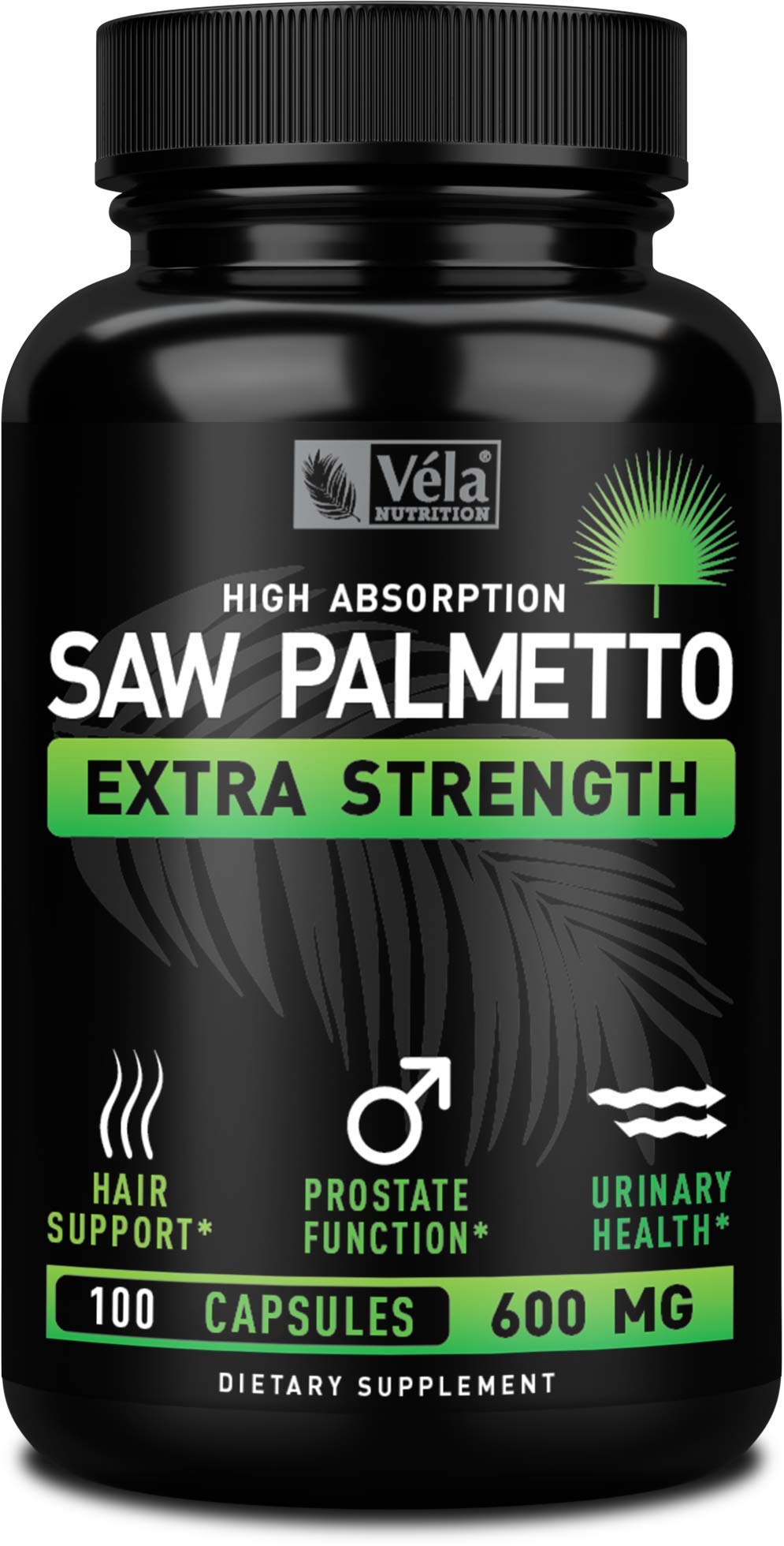 Véla Saw Palmetto capsule closeup showing daily 600 mg dosage and easy swallow