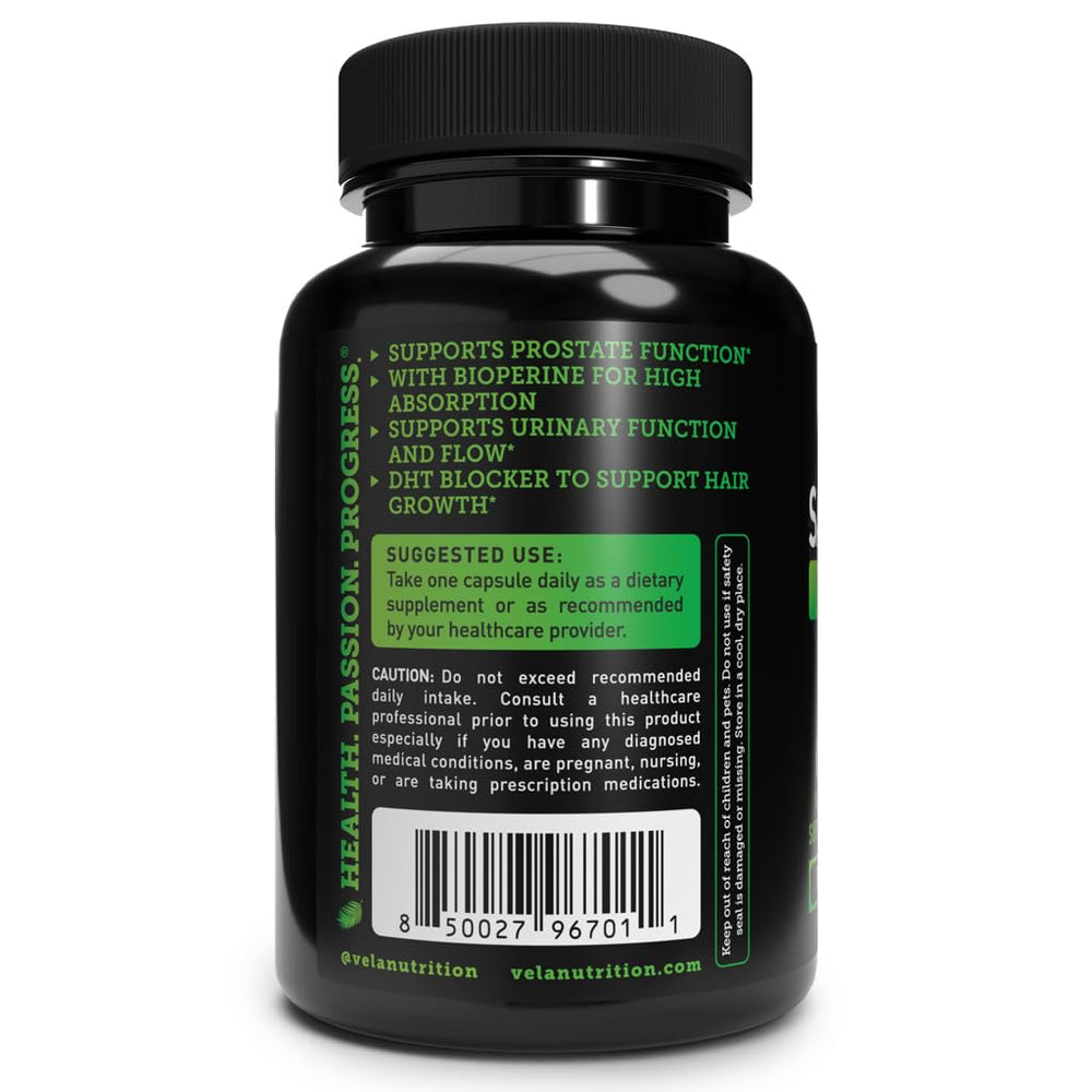 Véla Saw Palmetto no odor label indicates minimal scent during processing