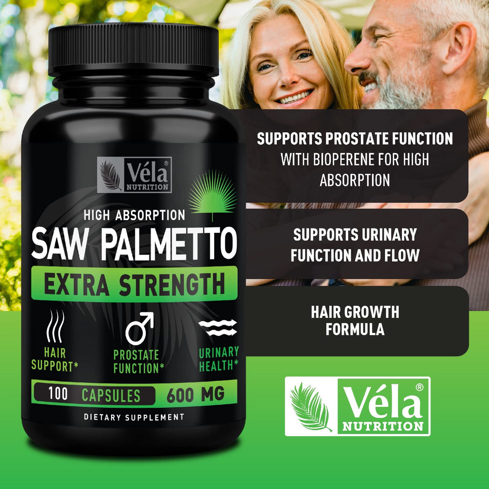 Véla Saw Palmetto vegan gluten-free symbol for plant-based supplement