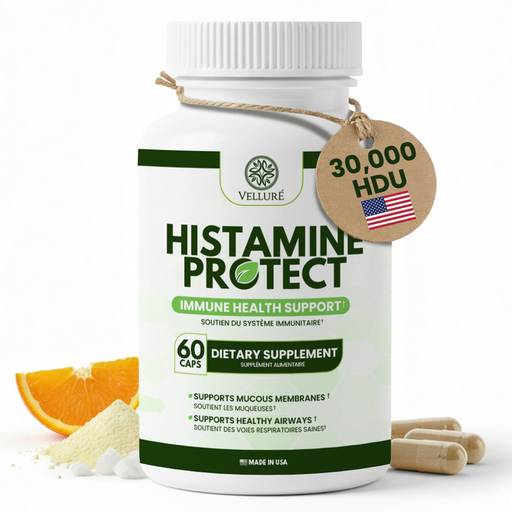 Velluré Histamine Protect bottle front promotes daily digestive comfort