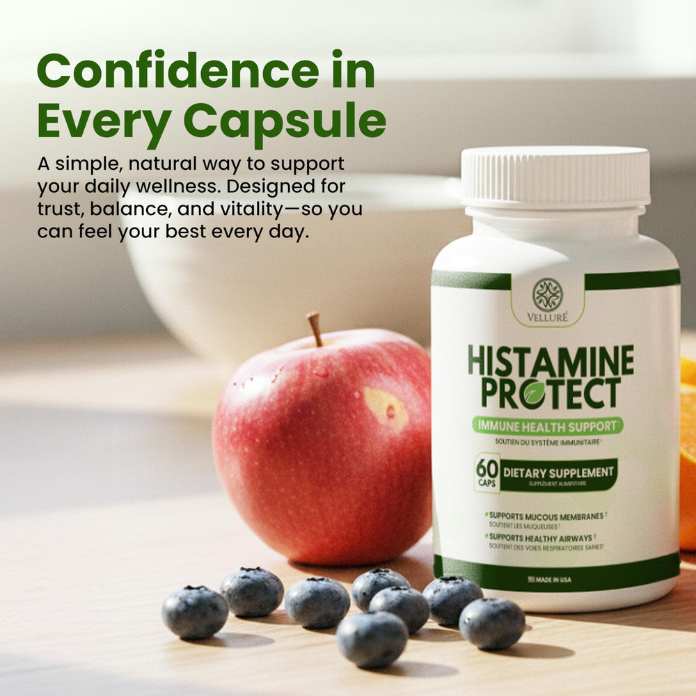 Velluré Histamine Protect bottle with readout hints at gut health