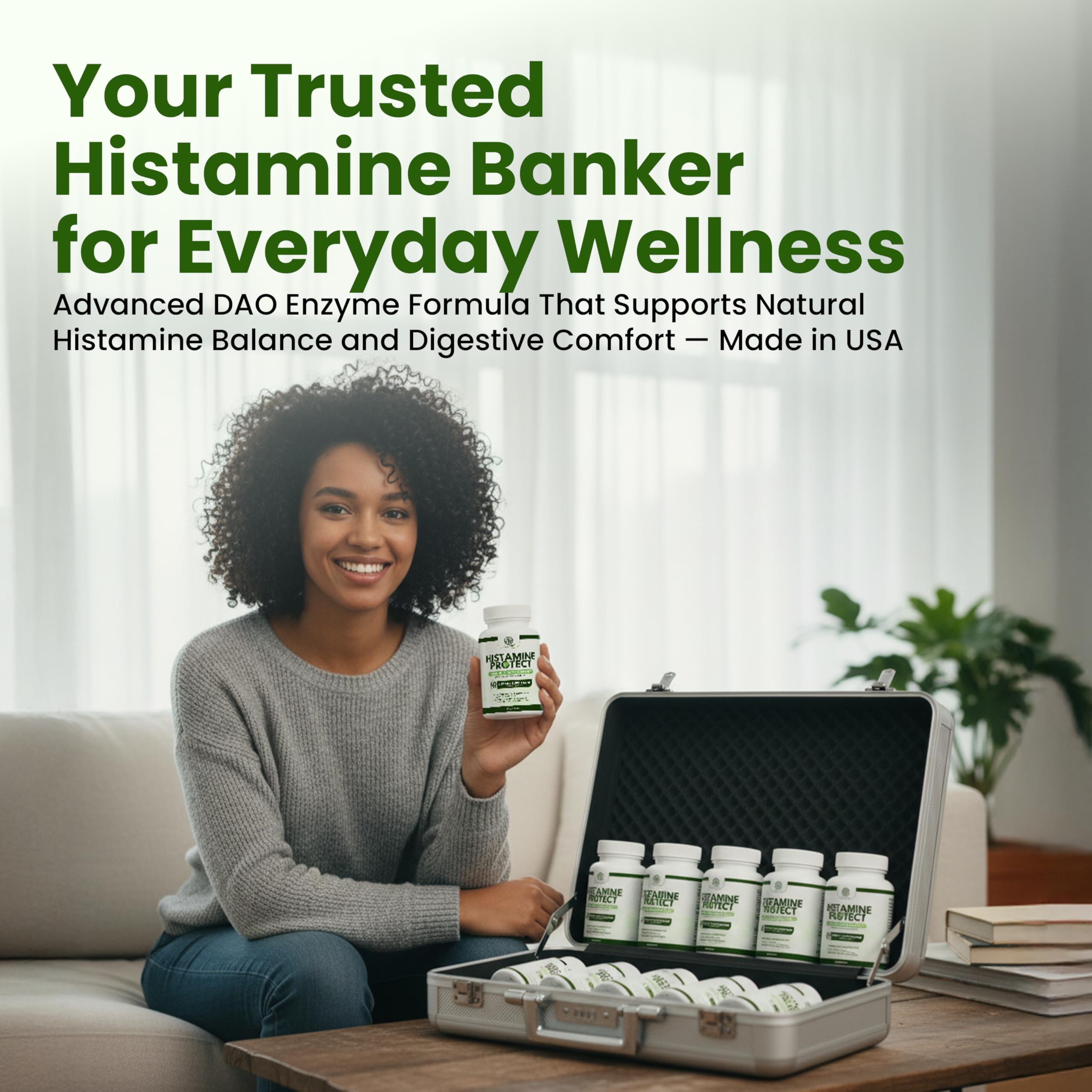 Velluré Histamine Protect lifestyle-friendly bottle on kitchen counter