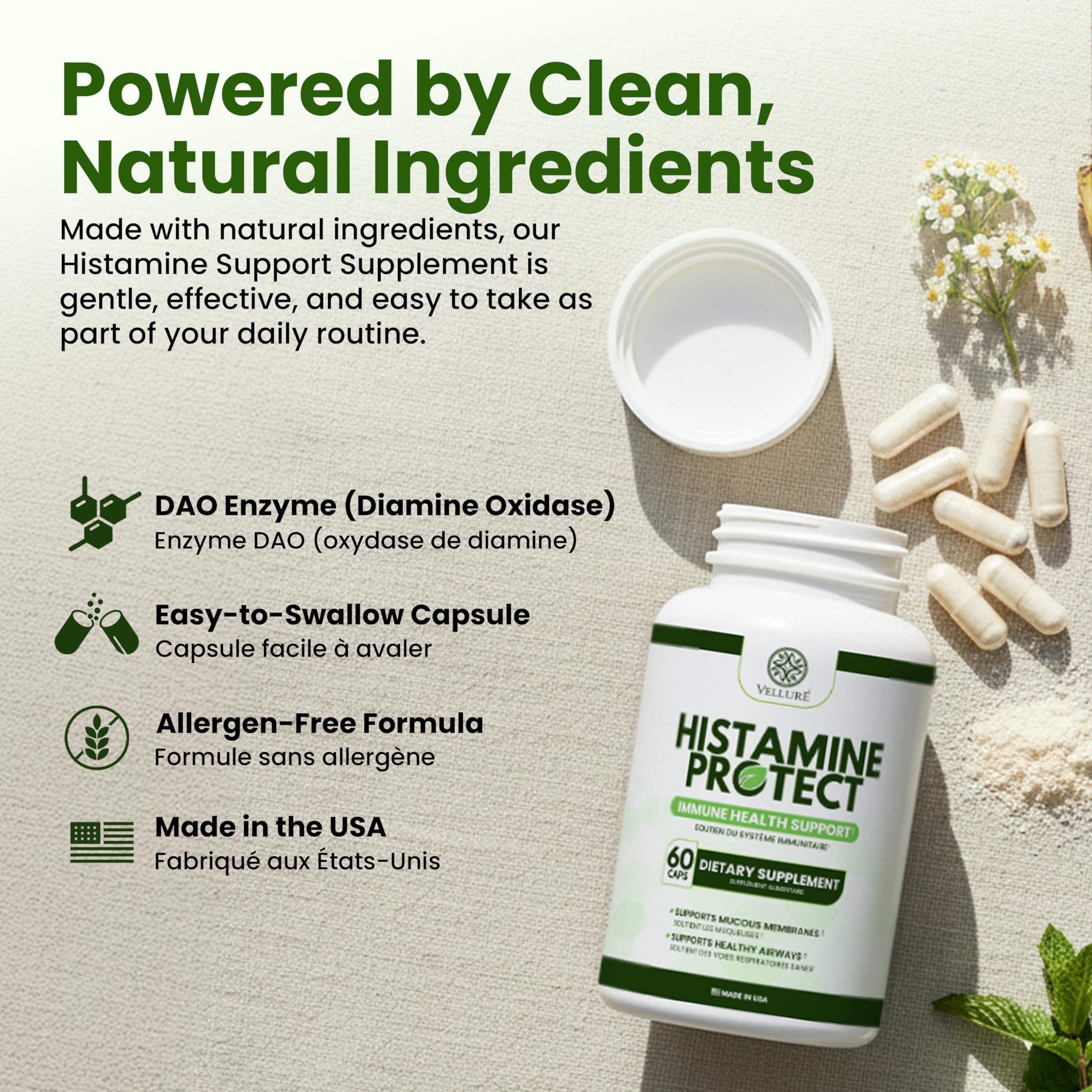 Velluré Histamine Protect mint label detail signals clean vegan formula