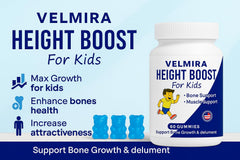 Velmira Heightener Gummies bottle back with vitamin details for bone health.