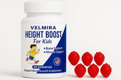 Velmira Heightener Gummies bottle front, kid-friendly chewable support for growth.