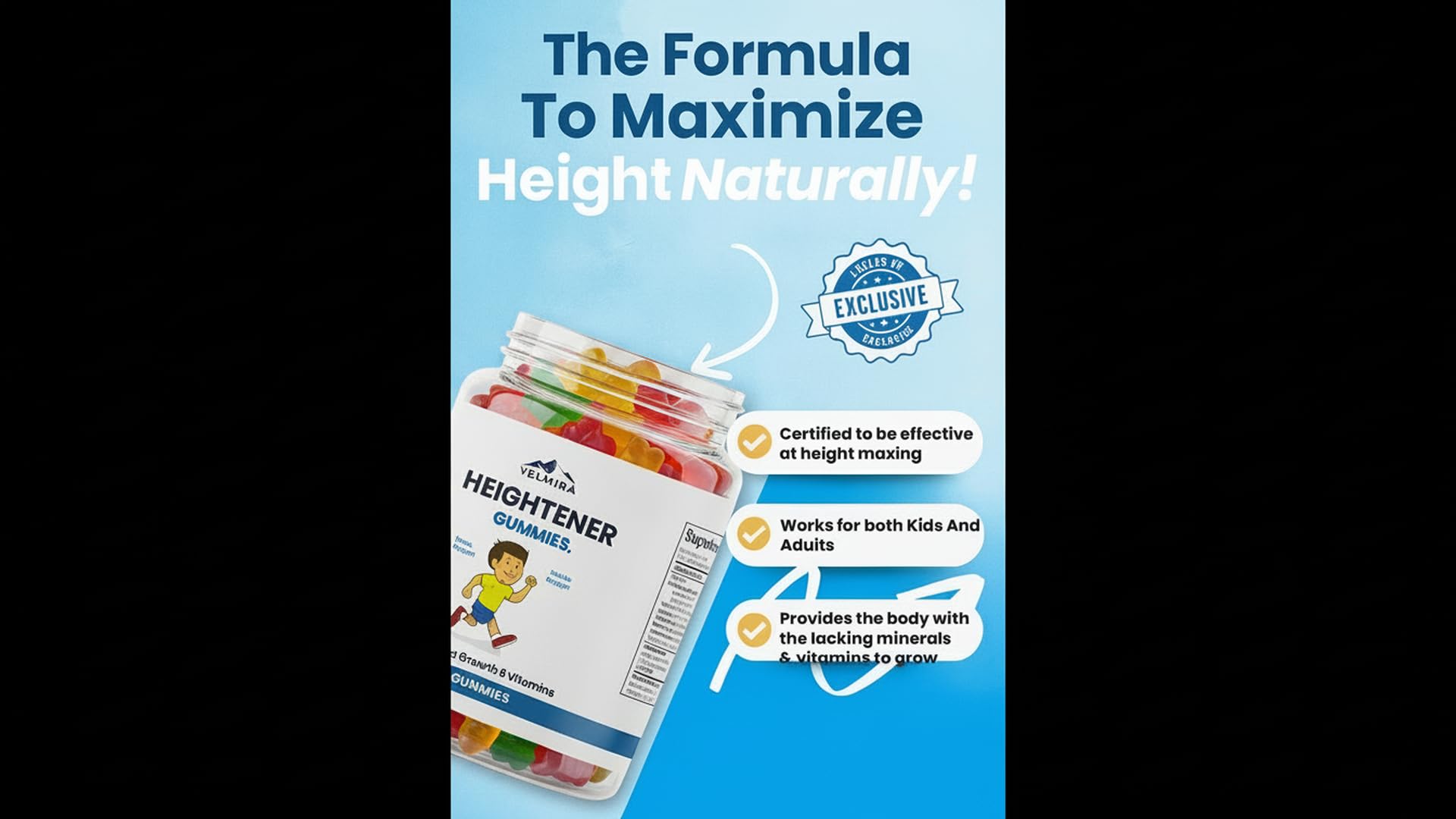 Velmira Heightener Gummies ingredients label close-up shows calcium and zinc.
