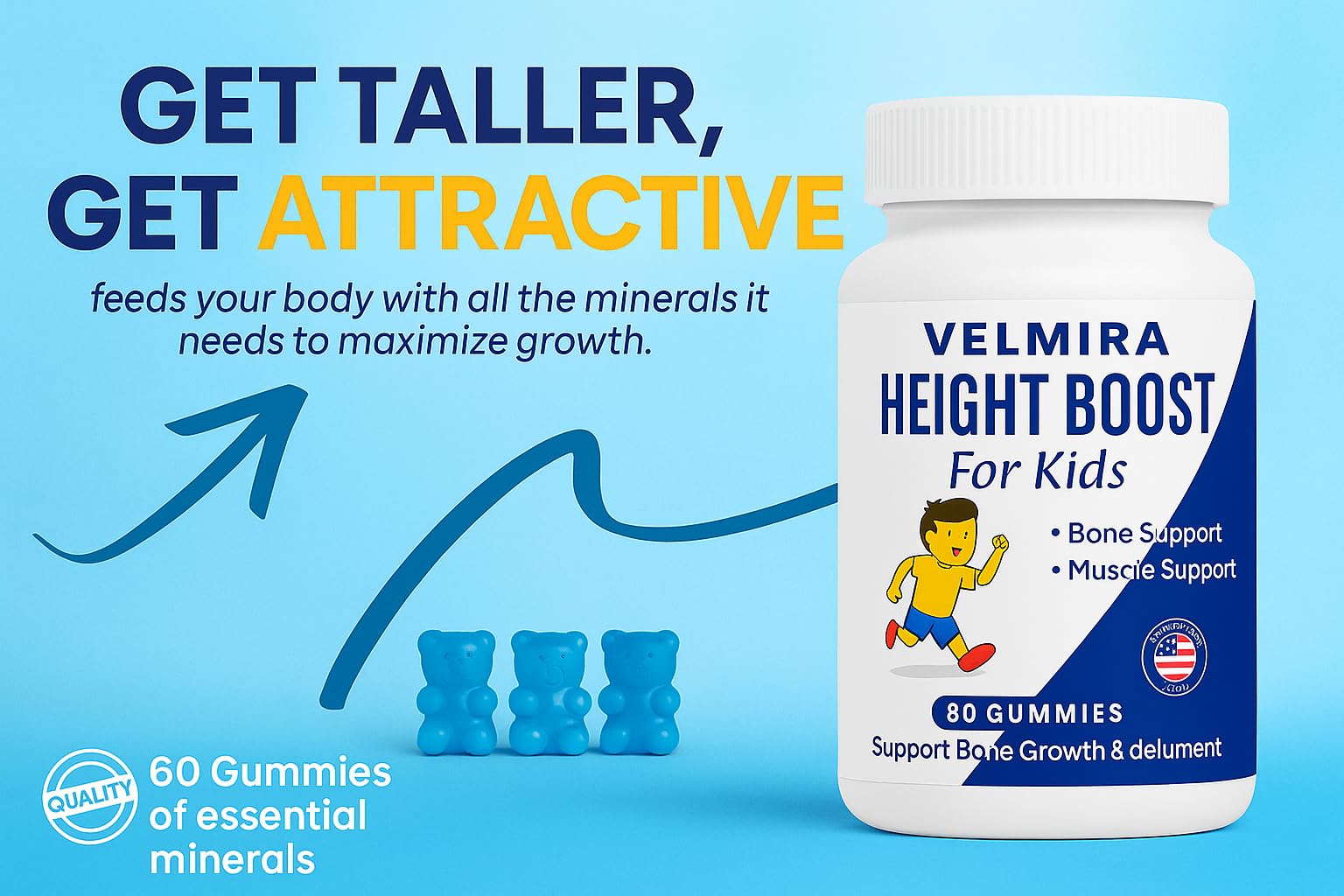 Velmira Heightener Gummies packaging on desk, family-friendly daily supplement.