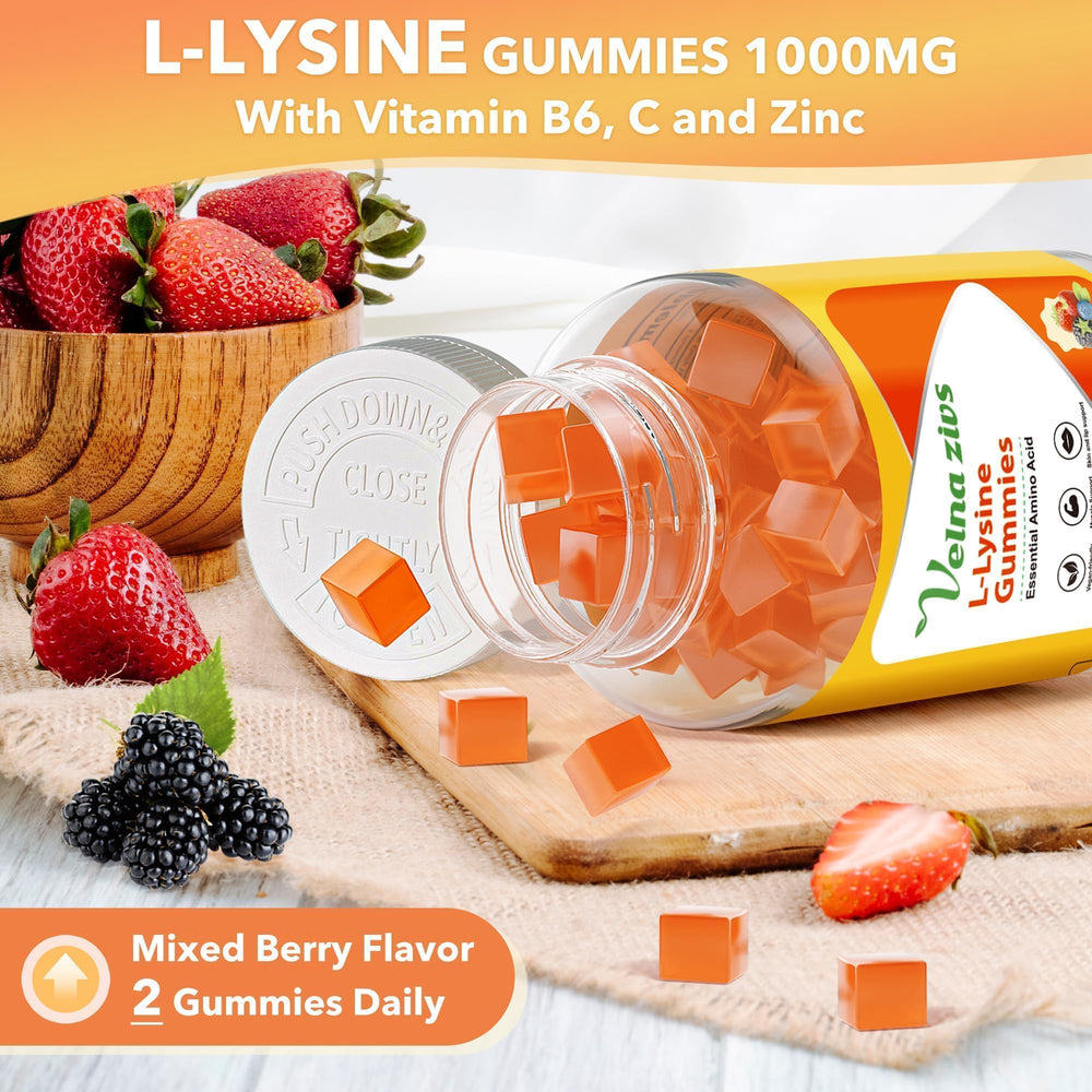 Velna zivs Lysine gummies bottle side label highlights sugar-free vegan formulation.