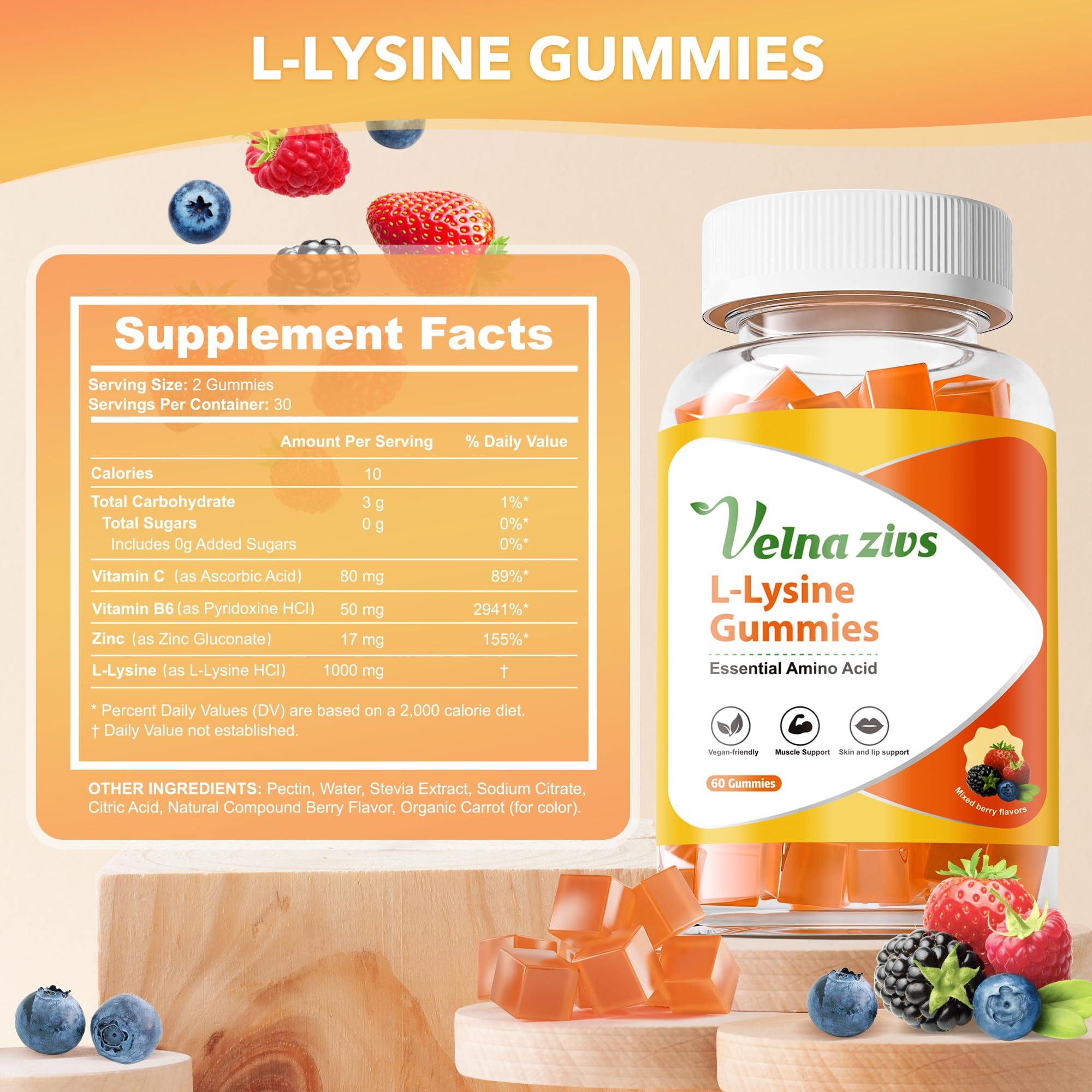 Velna zivs L-Lysine Gummies chew texture close-up highlighting soft, tasty chewable form