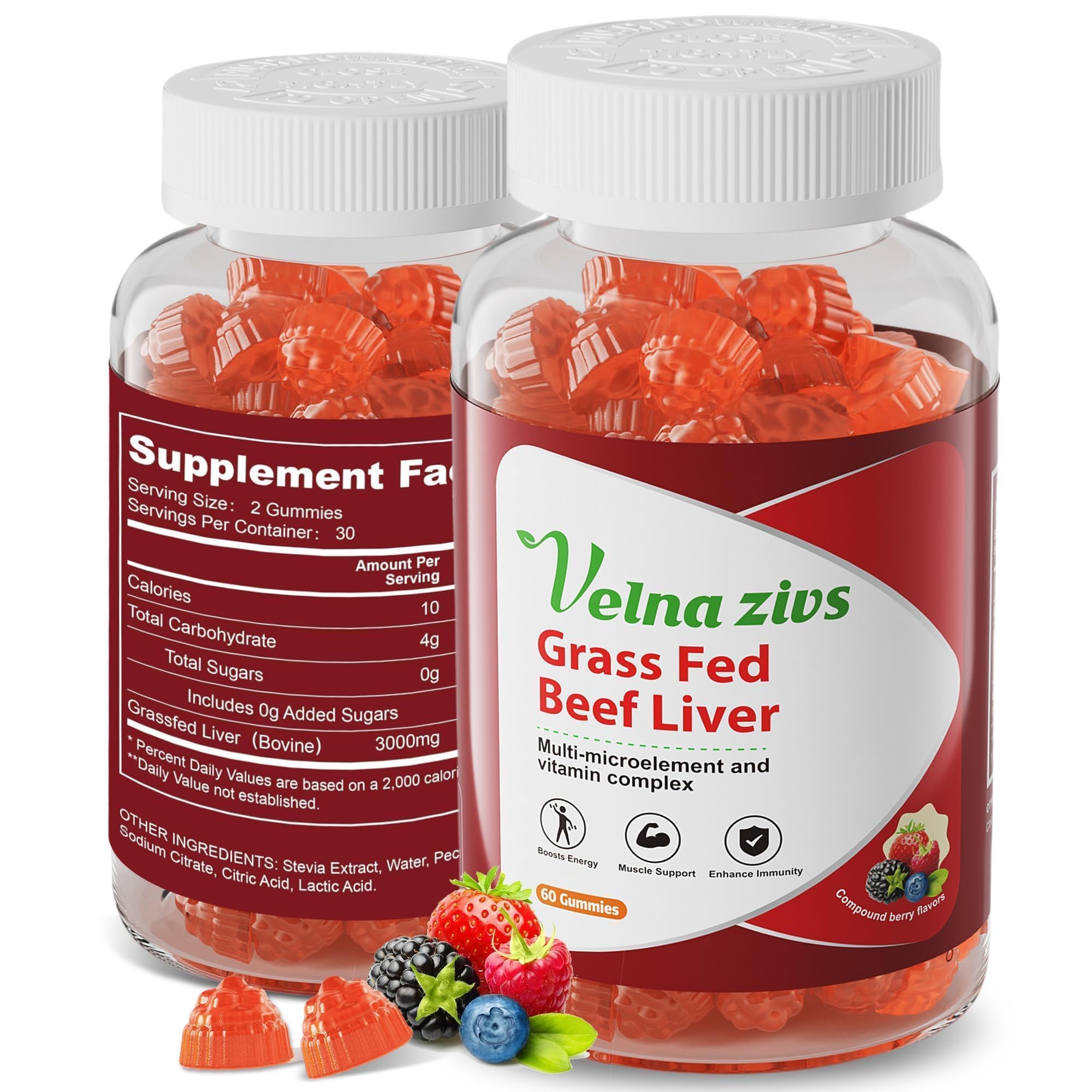 Velna zivs organic grass-fed beef liver gummies packshot for convenient energy support.