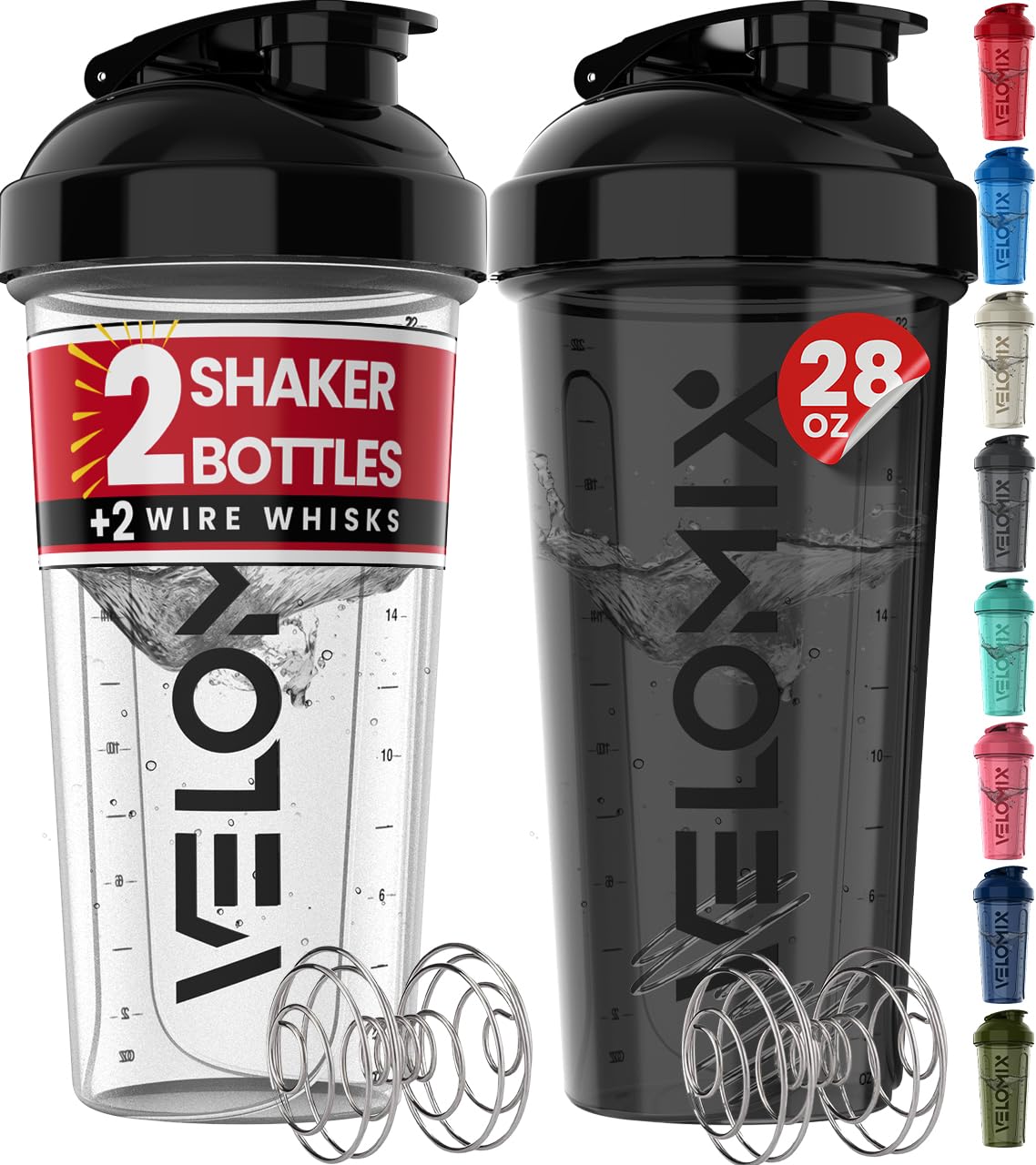 Velomix 2-pack bottles in black and transparent finish for leak-free shakes.