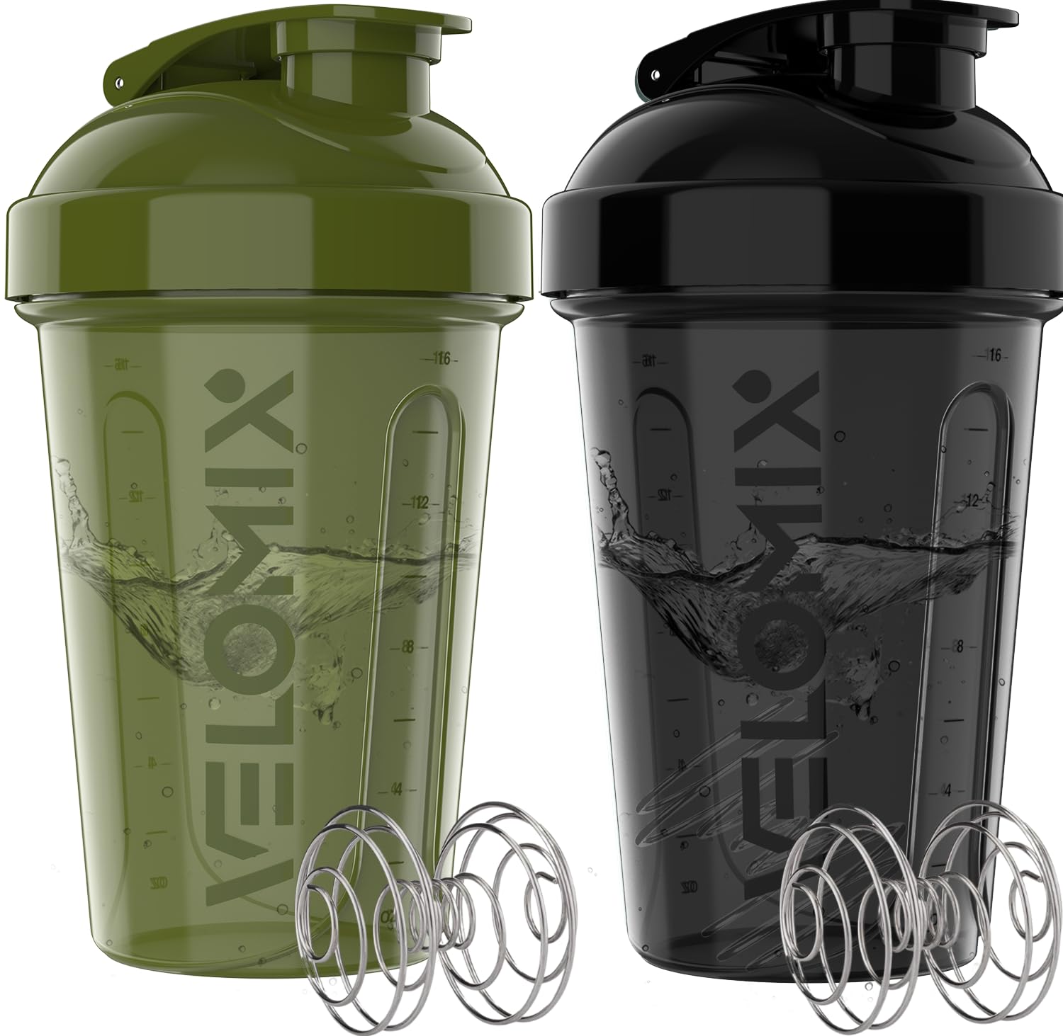 Velomix 20oz protein shaker green and black, ideal for mixing shakes on the go.