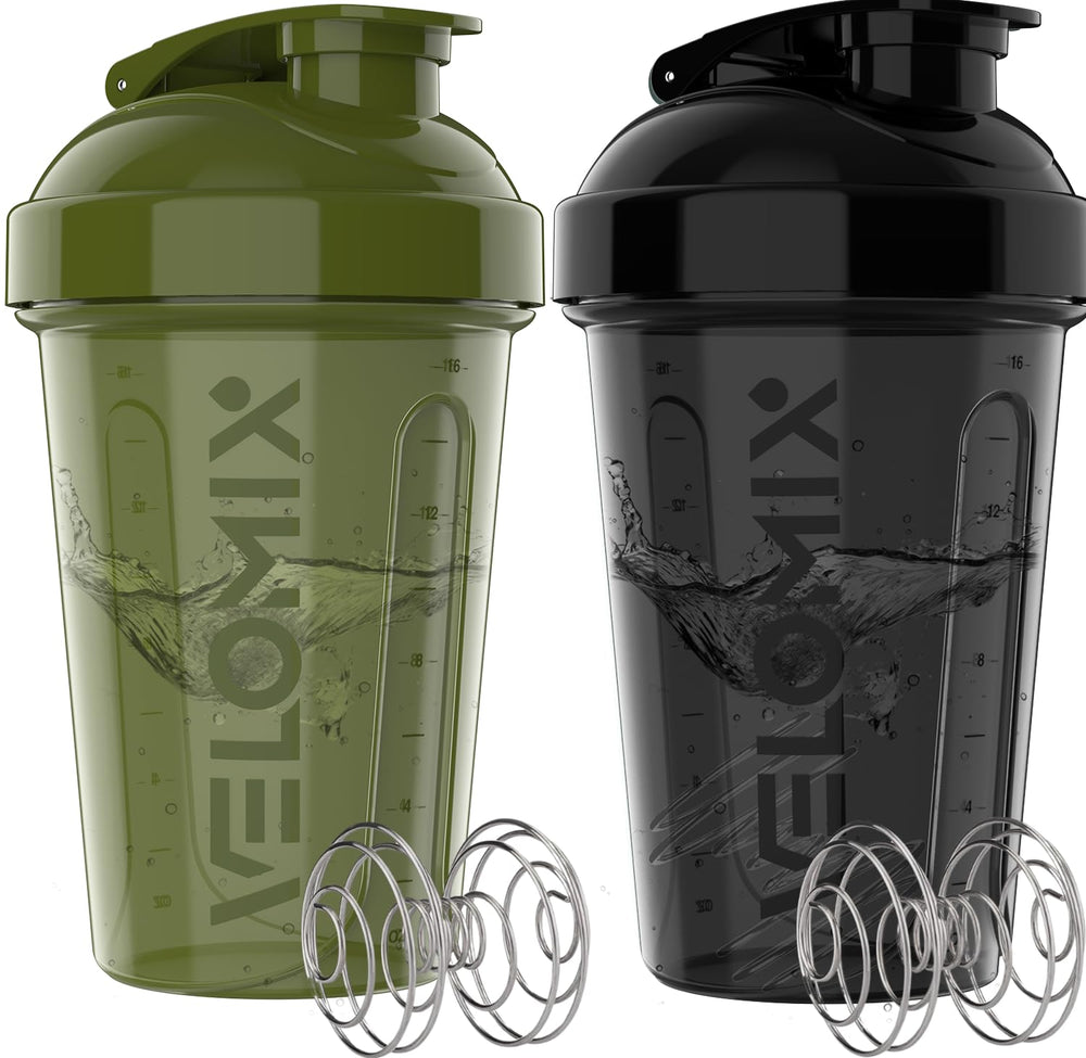 Velomix 20oz protein shaker green and black, ideal for mixing shakes on the go.
