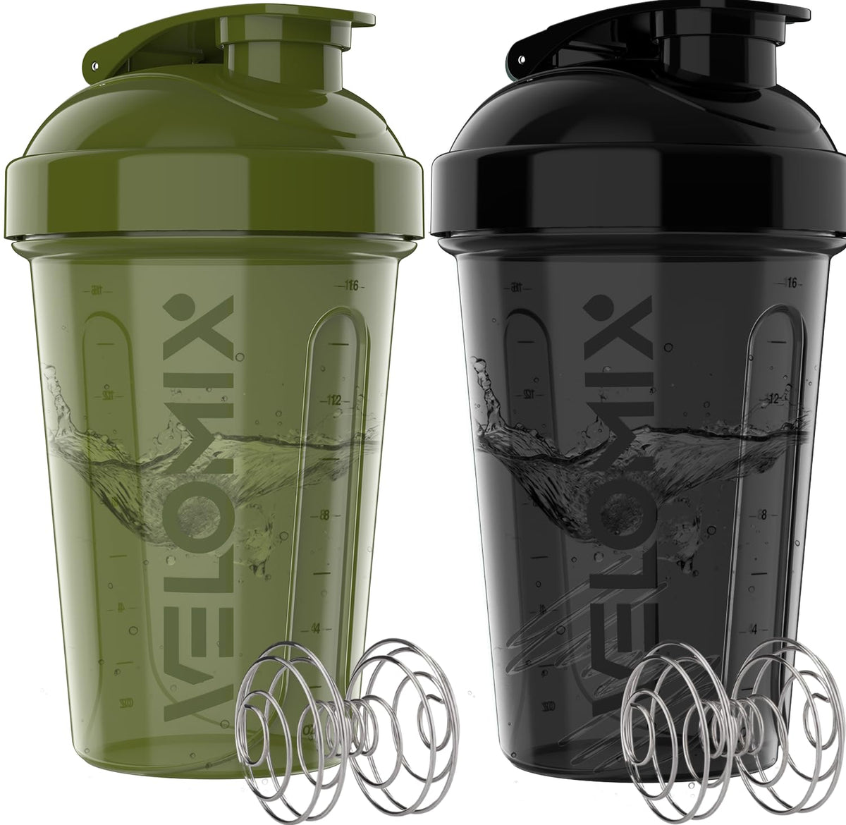 Velomix 20oz protein shaker green and black, ideal for mixing shakes on the go.