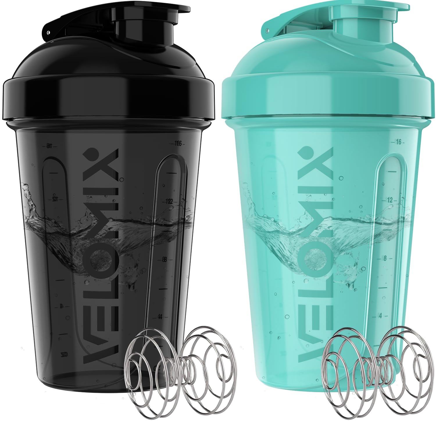 Velomix 20 oz shaker bottle in black and turquoise, two-pack for on-the-go protein mixes.