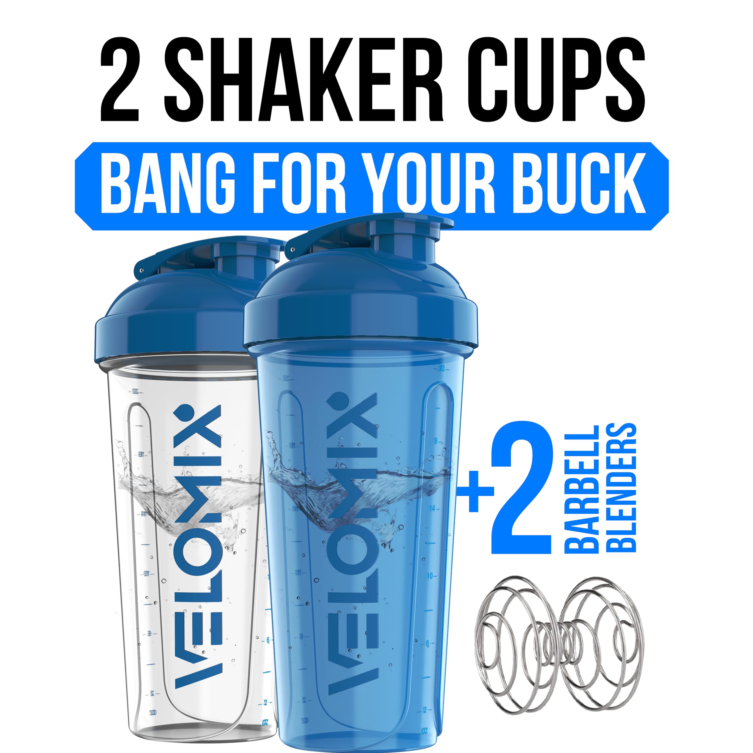 Velomix 28oz protein shaker in a transparent finish for quick ingredient checks