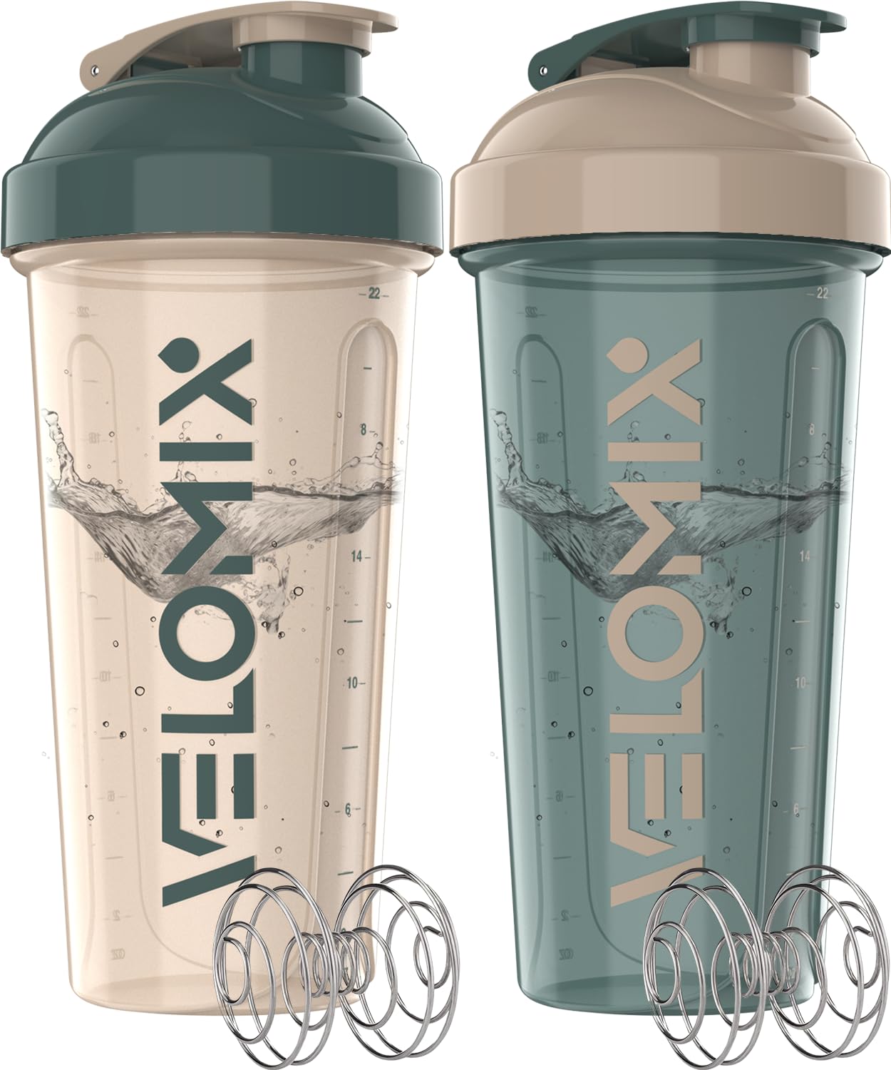 VELOMIX 2-pack 28oz bottle in blue and beige for on-the-go protein shakes