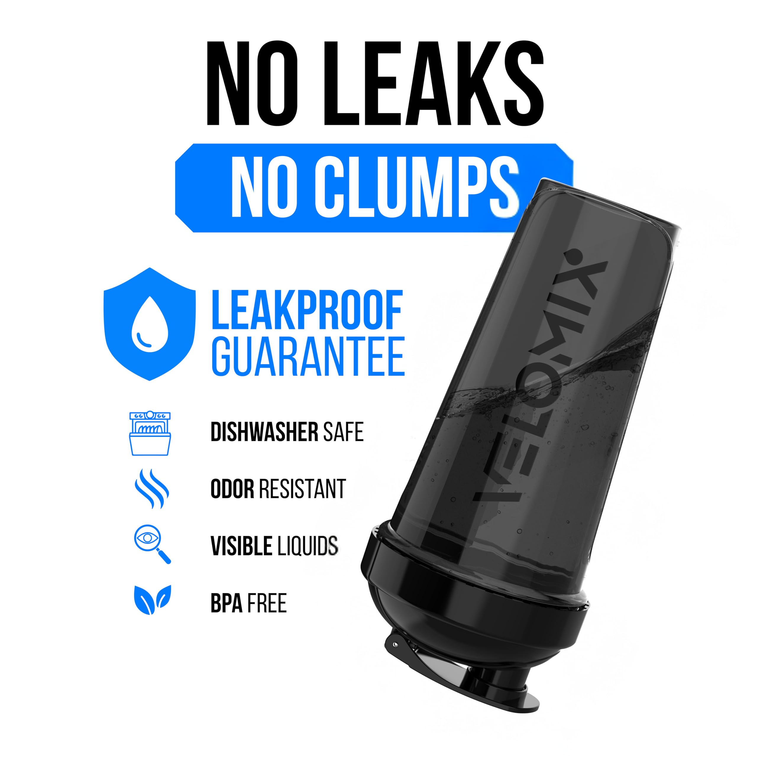 VELOMIX bottle in hand for quick on-the-go protein mixing.