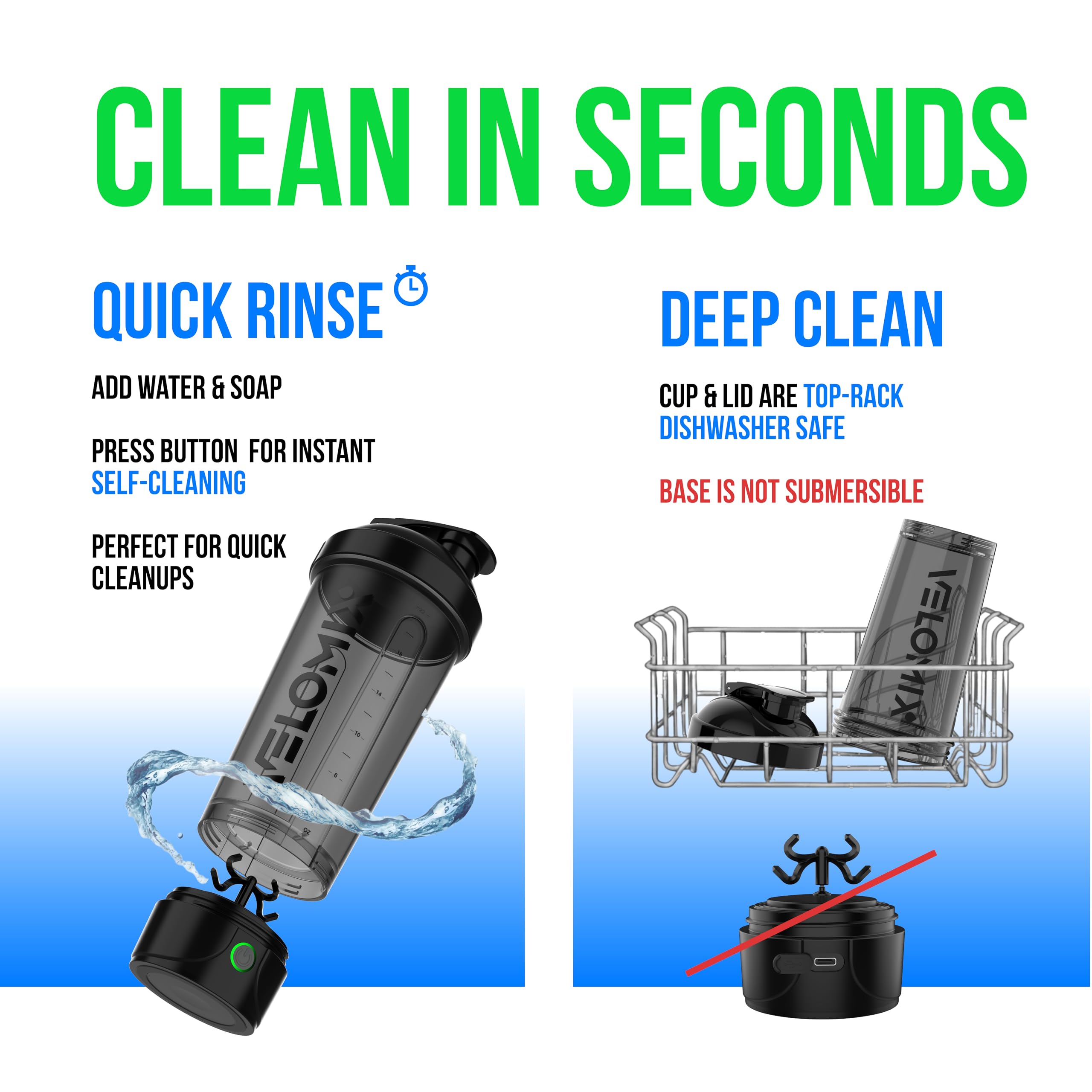 Velomix dishwasher-safe bottle and lid for easy cleaning