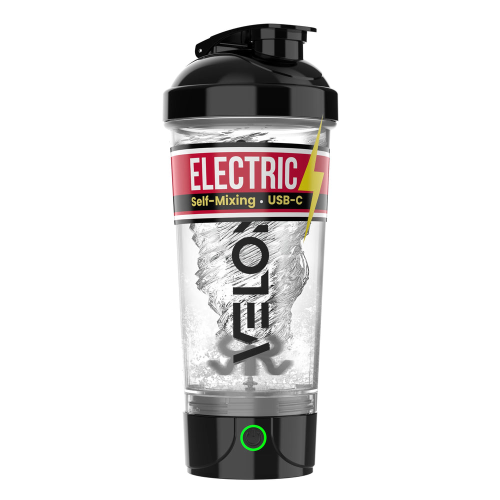 Velomix electric shaker bottle cap close-up showing secure seal for spill-free workouts.