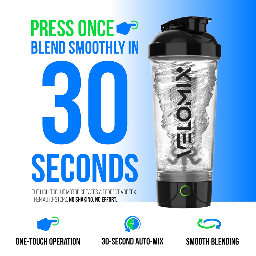 Velomix shaker bottle lid locked during mixing to prevent leaks in gym bag.