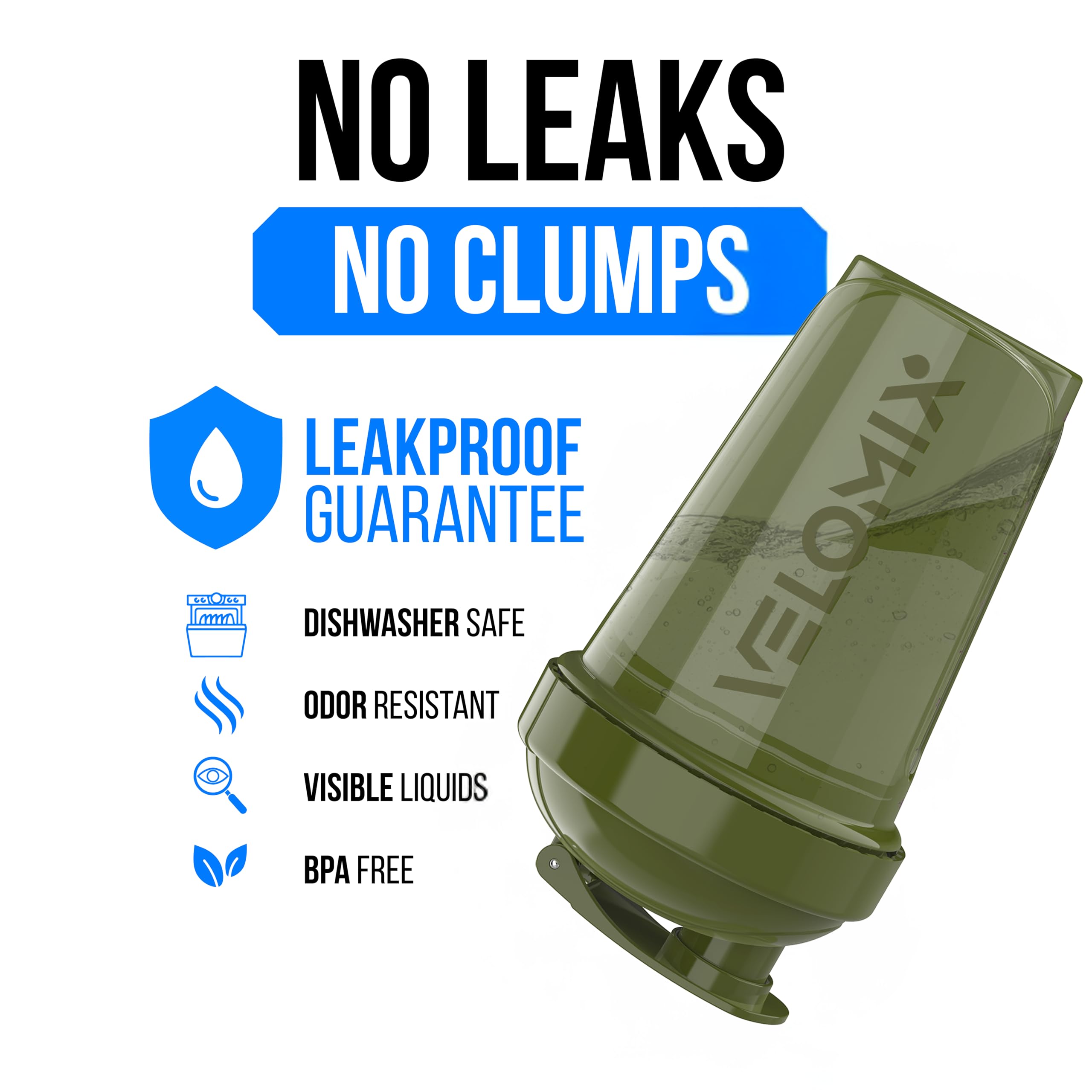Velomix leak-proof cap prevents spills during workouts.