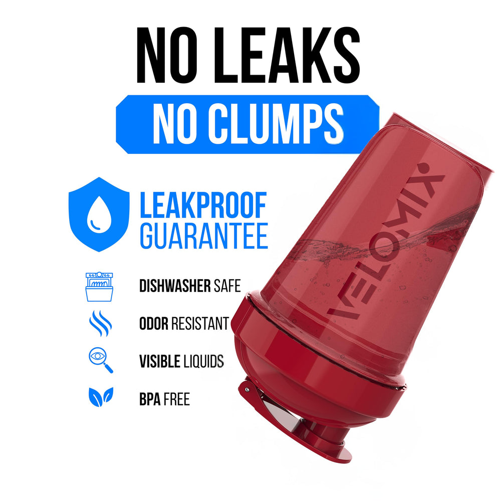 Velomix leak-proof lid keeps liquids contained during travel.