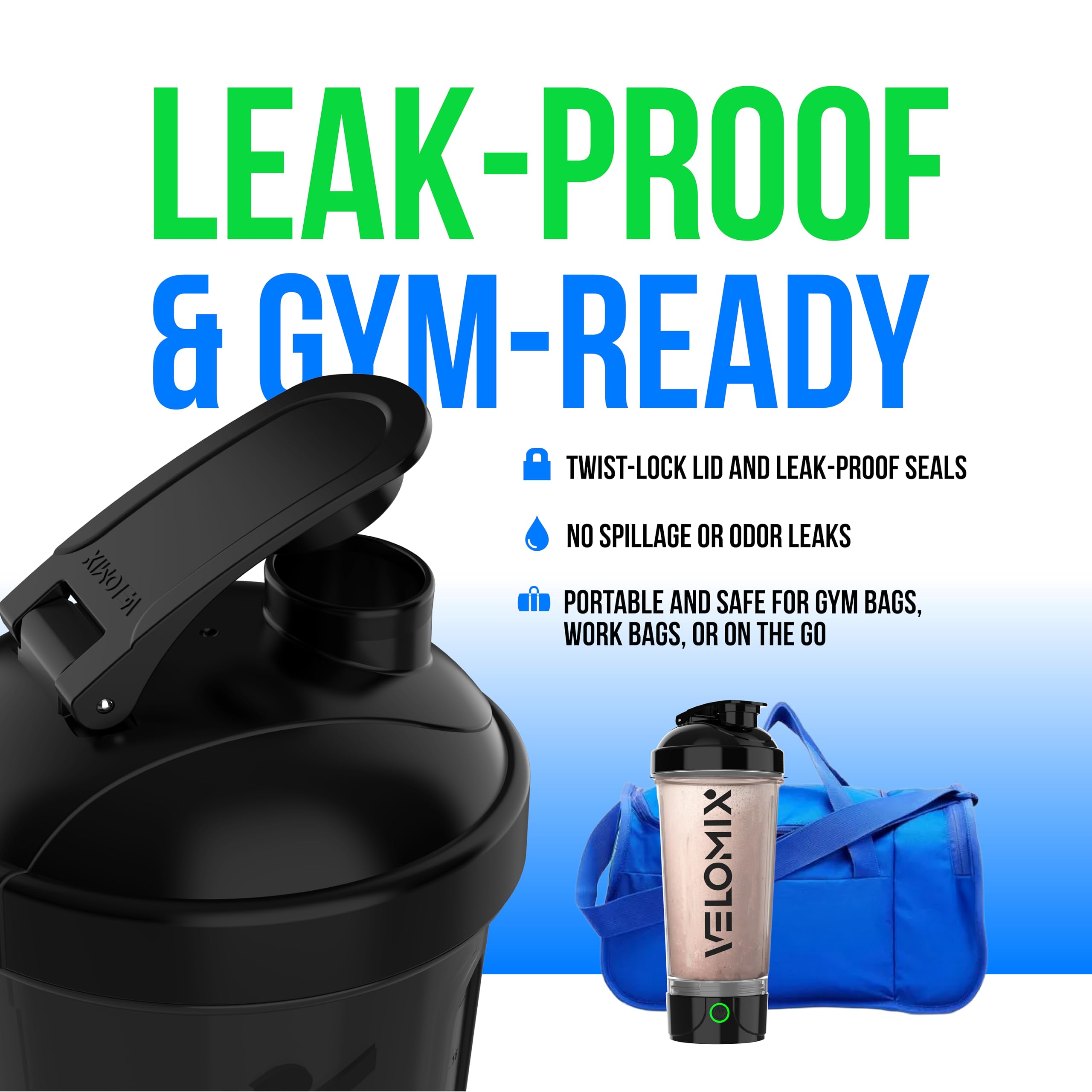 Velomix leak-proof twist-lock lid prevents spills