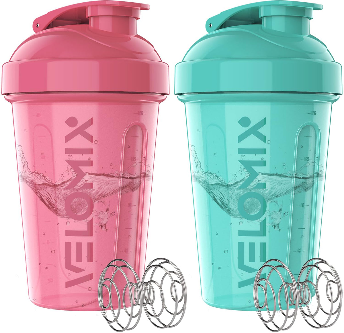 VELOMIX pink 20oz shaker bottle with wire whisk for smooth protein blends.