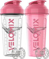 VELOMIX pink transparent shaker front view for easy protein mix visibility