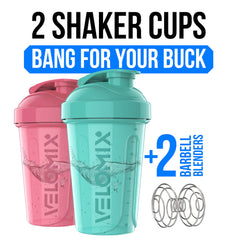 VELOMIX turquoise 20oz shaker bottle with wire whisk for easy pre-workout mixes.