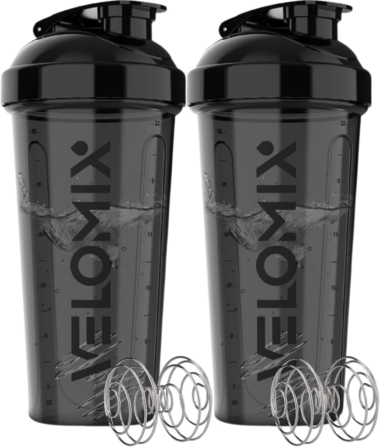 VELOMIX two-pack 28 oz shakers shown side by side for reliable protein mixing.