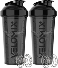 VELOMIX two-pack 28 oz shakers shown side by side for reliable protein mixing.