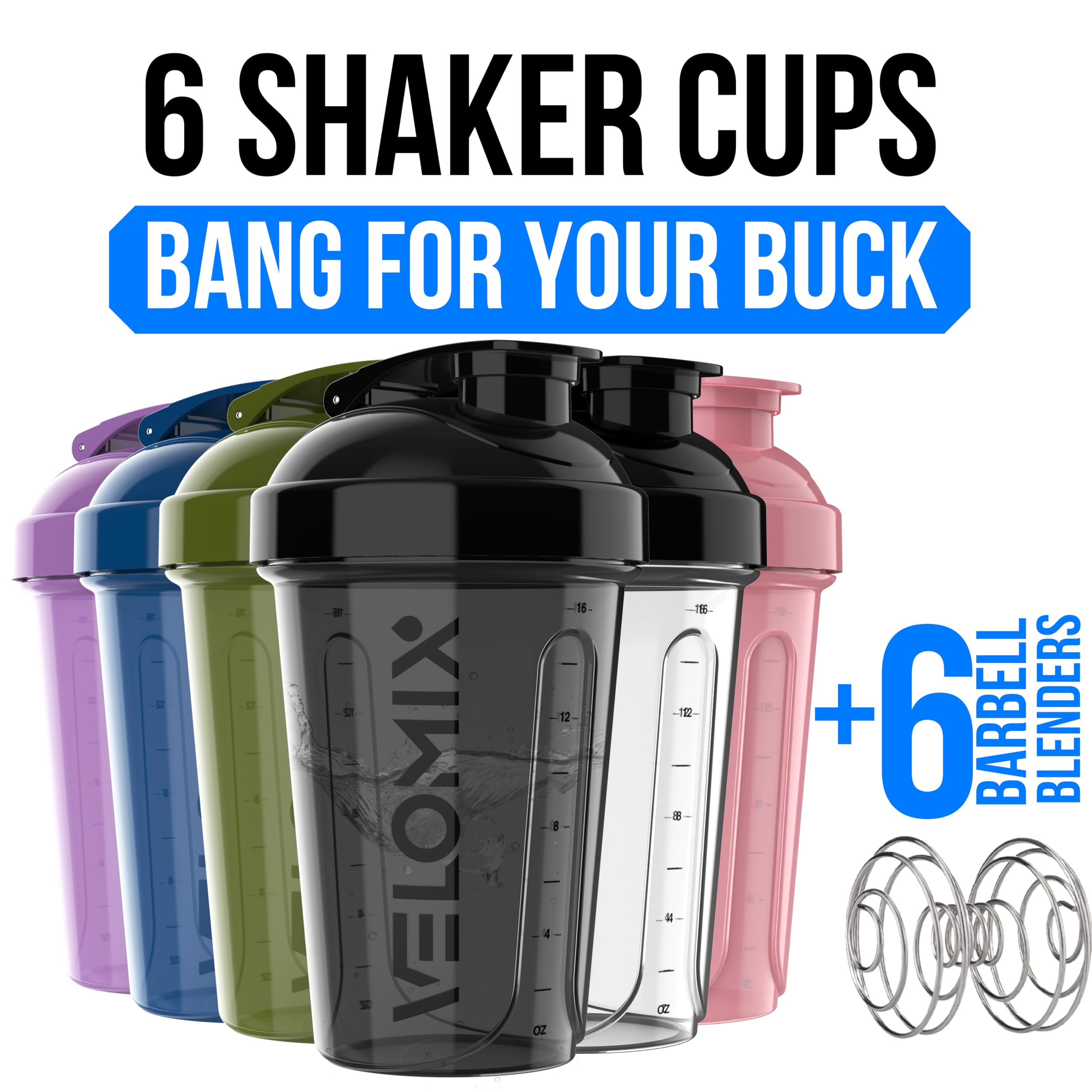 Velomix wire whisk ball blends powders smoothly for lump-free shakes.