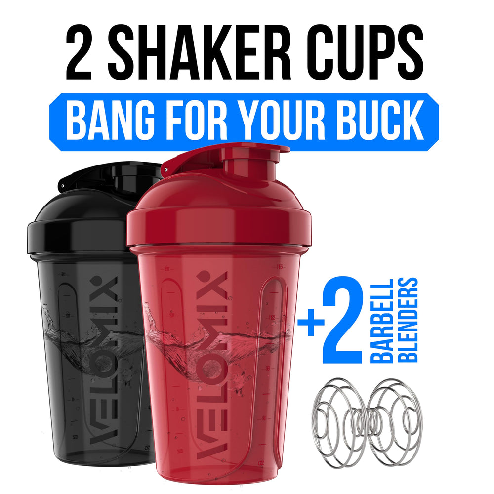 Velomix shaker bottle with two wire whisks included for smooth mixes.