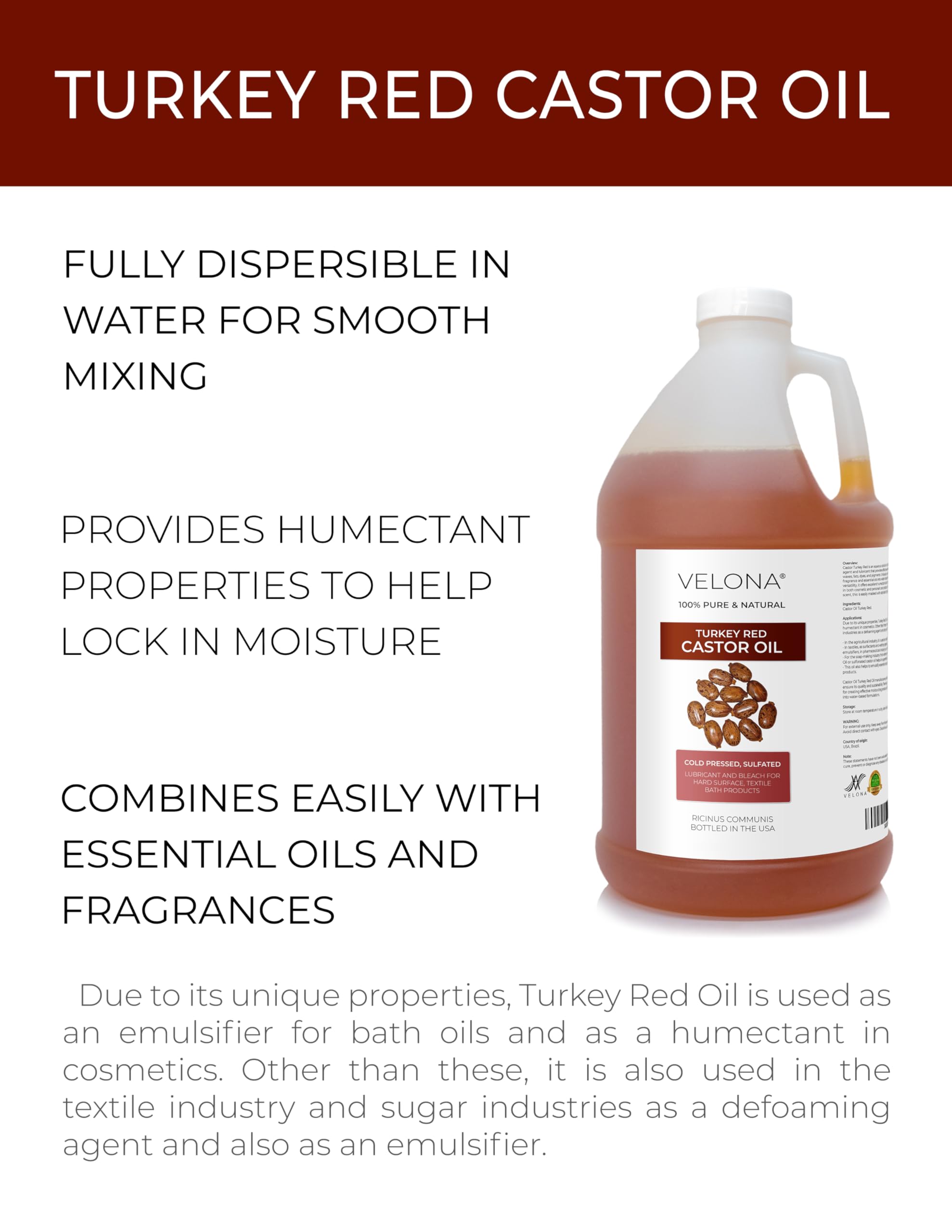 Amber-hued Velona Castor Oil ready for emulsification in bath oils and soaps