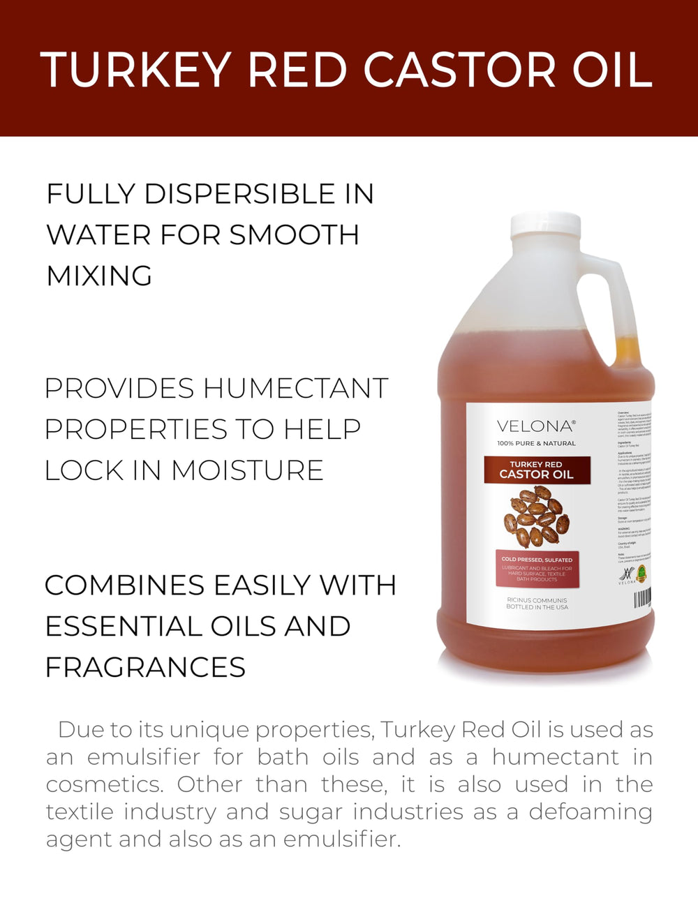 Amber-hued Velona Castor Oil ready for emulsification in bath oils and soaps