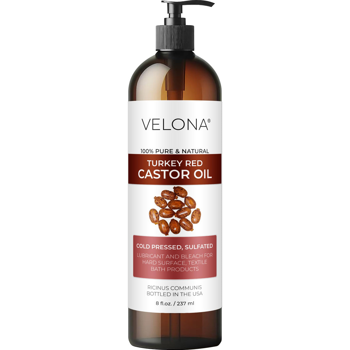 Velona Castor Oil Turkey Red bottle pour, a versatile cosmetic carrier for formulations.