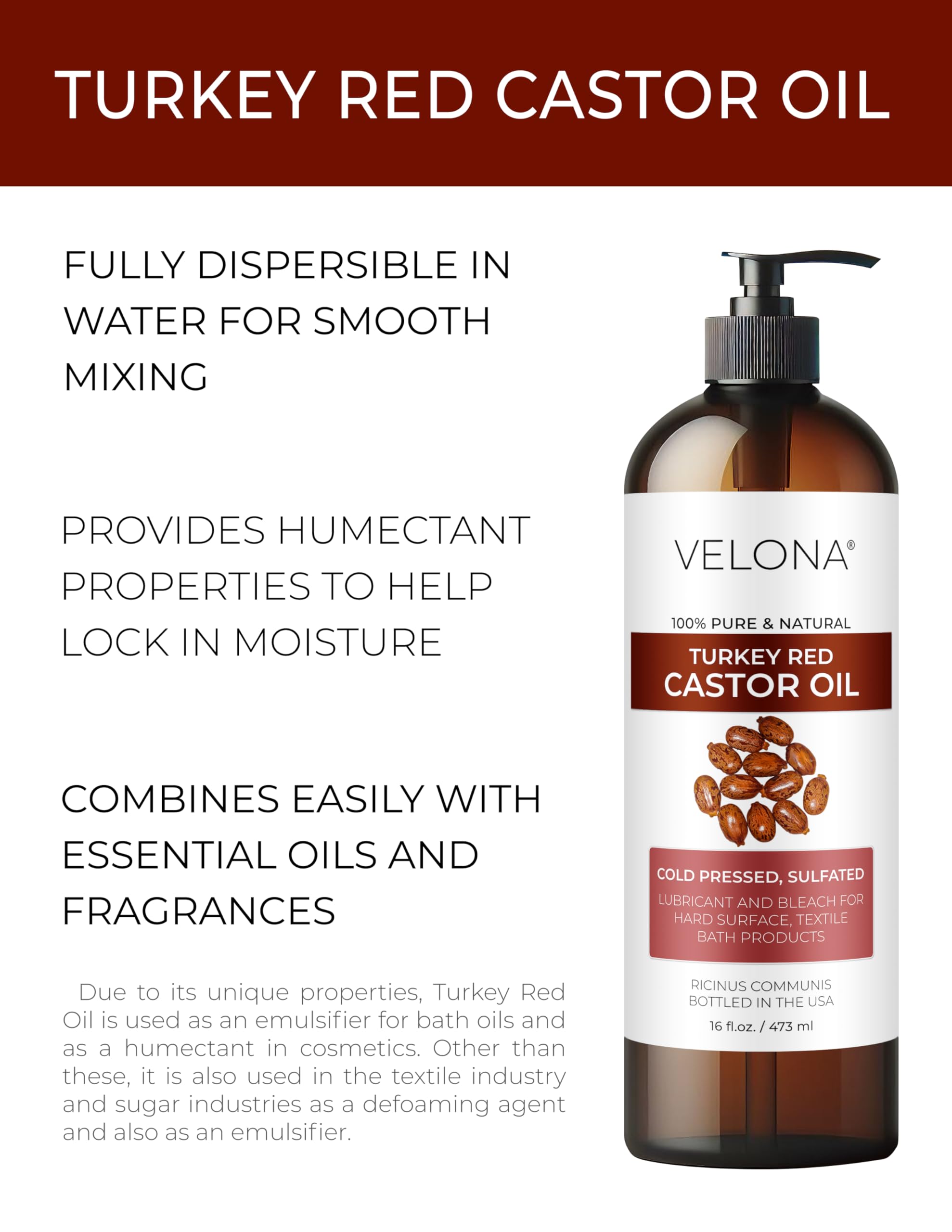 Velona Castor Oil Turkey Red label shot, highlighting purity for emulsions and body care.