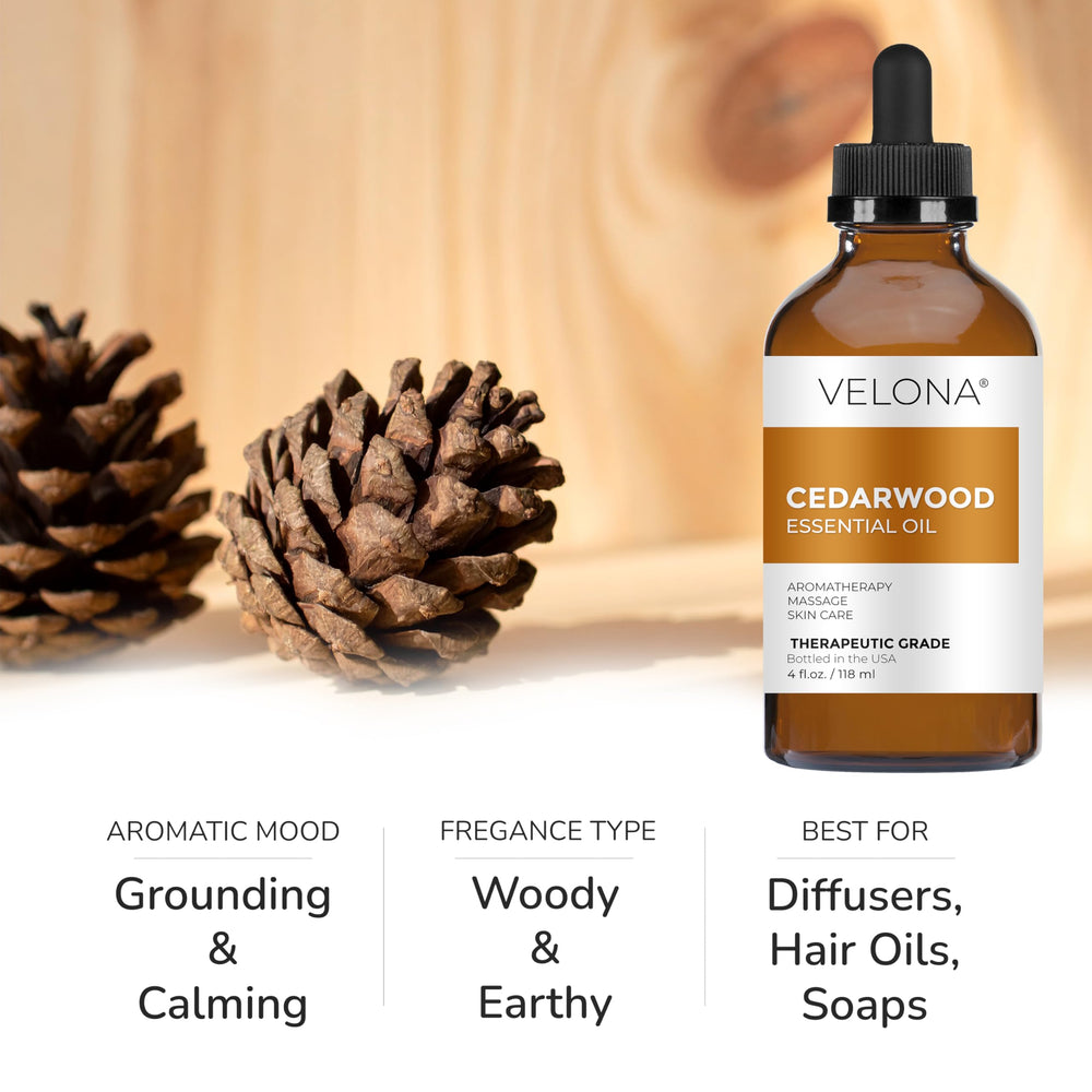 Velona Cedarwood diffuser-drops showcased for creating a cozy, woodsy atmosphere.