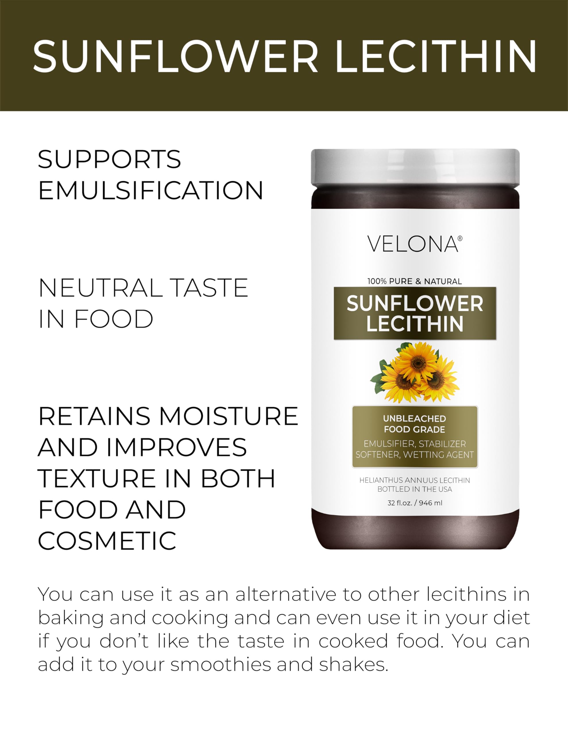 Velona lecithin in pour form supports stable batters