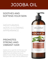 Velona Jojoba Oil 8oz amber bottle preserves purity and freshness for skin.