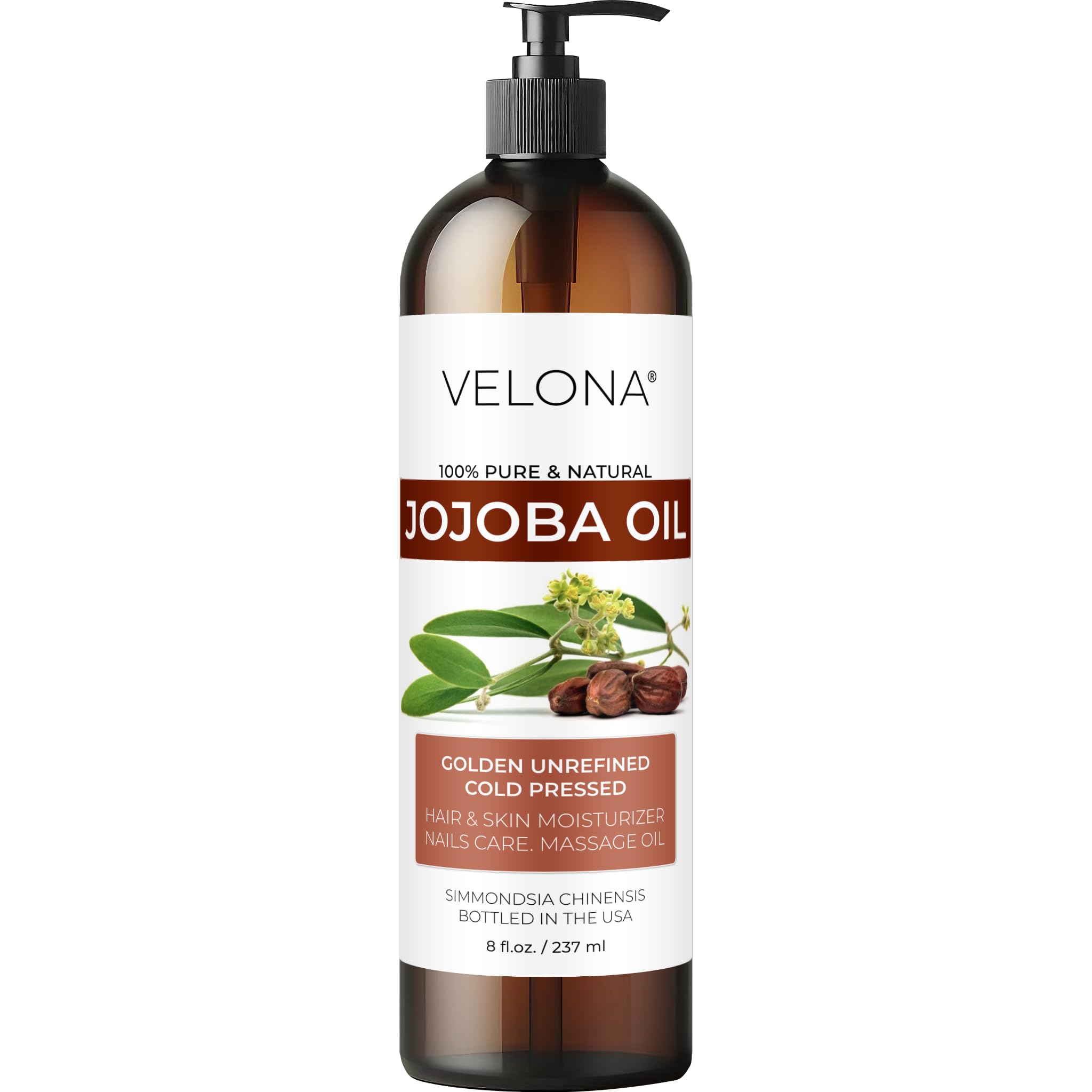 Velona Jojoba Oil bottle with pump for easy face and body hydration.