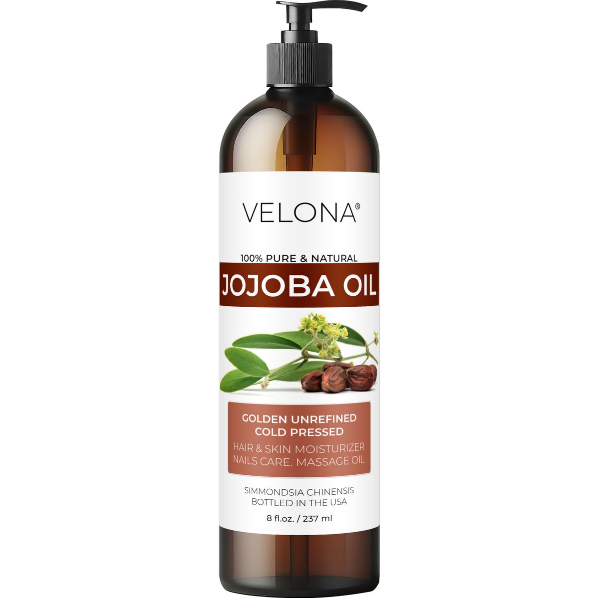 Velona Jojoba Oil bottle with pump for easy face and body hydration.