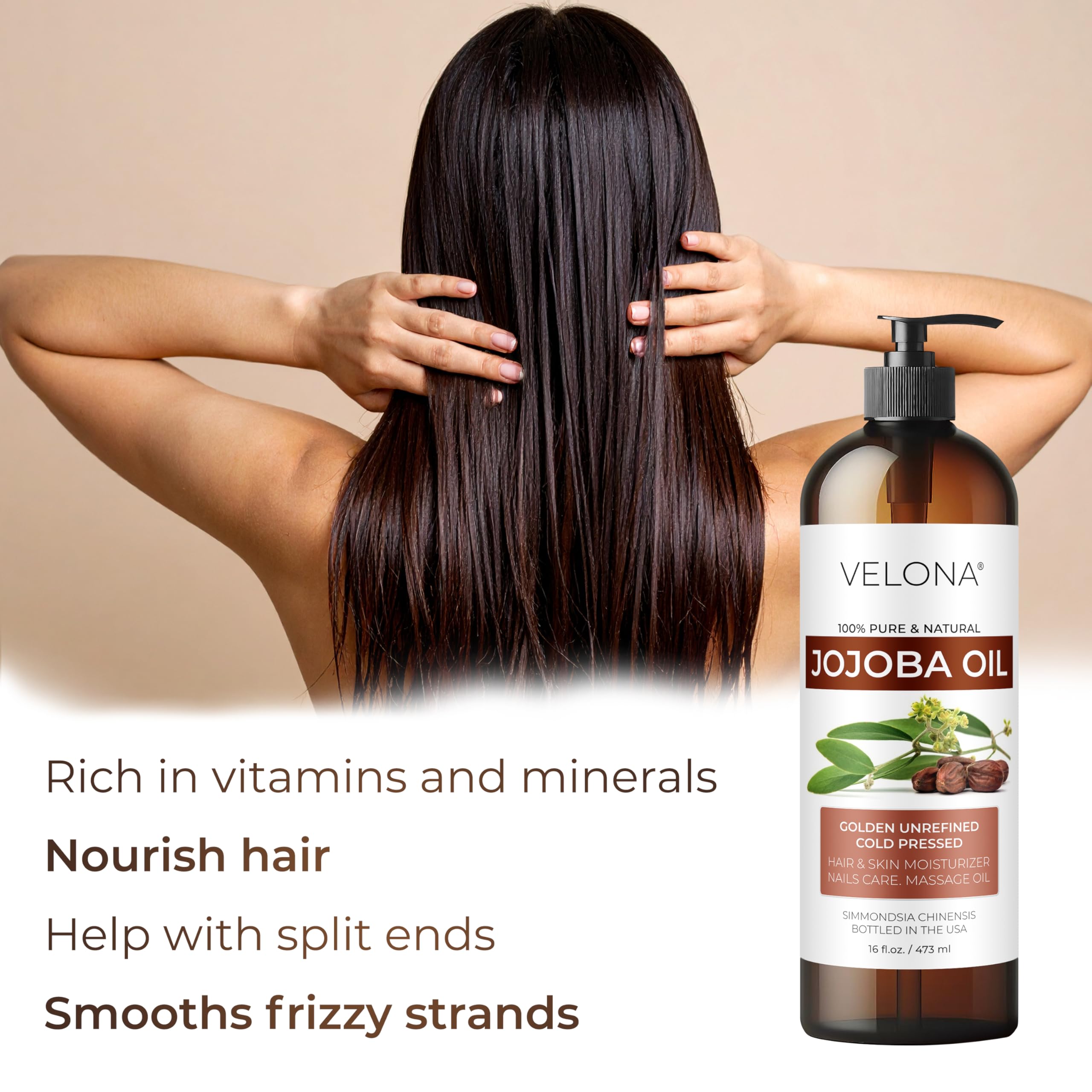 Velona Jojoba Oil label ingredients highlights 100% pure, cold-pressed formula.
