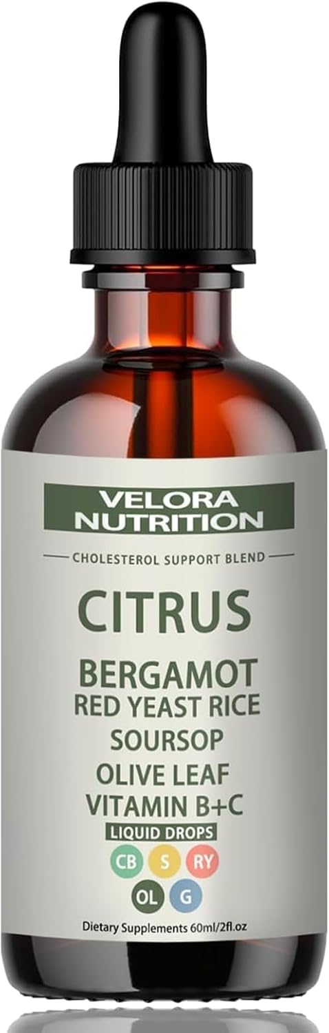 Velora Red Yeast Rice Drops bottle pour shows citrus flavor for daily cholesterol support.