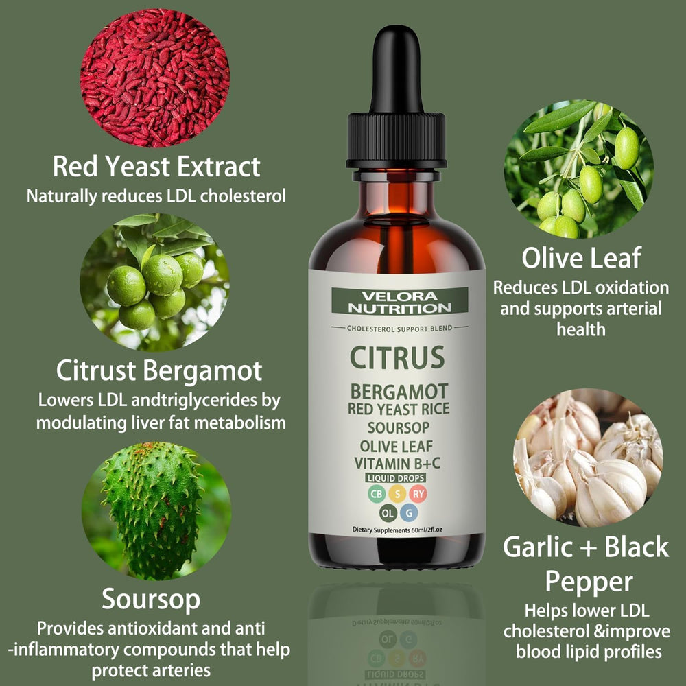 Velora Red Yeast Rice Drops ingredient panel highlights natural non-GMO ingredients.